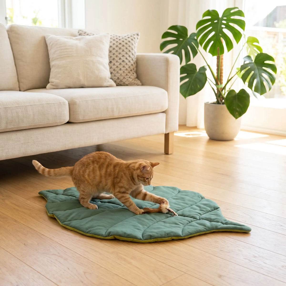 chat joue sur lit pour chat feuille