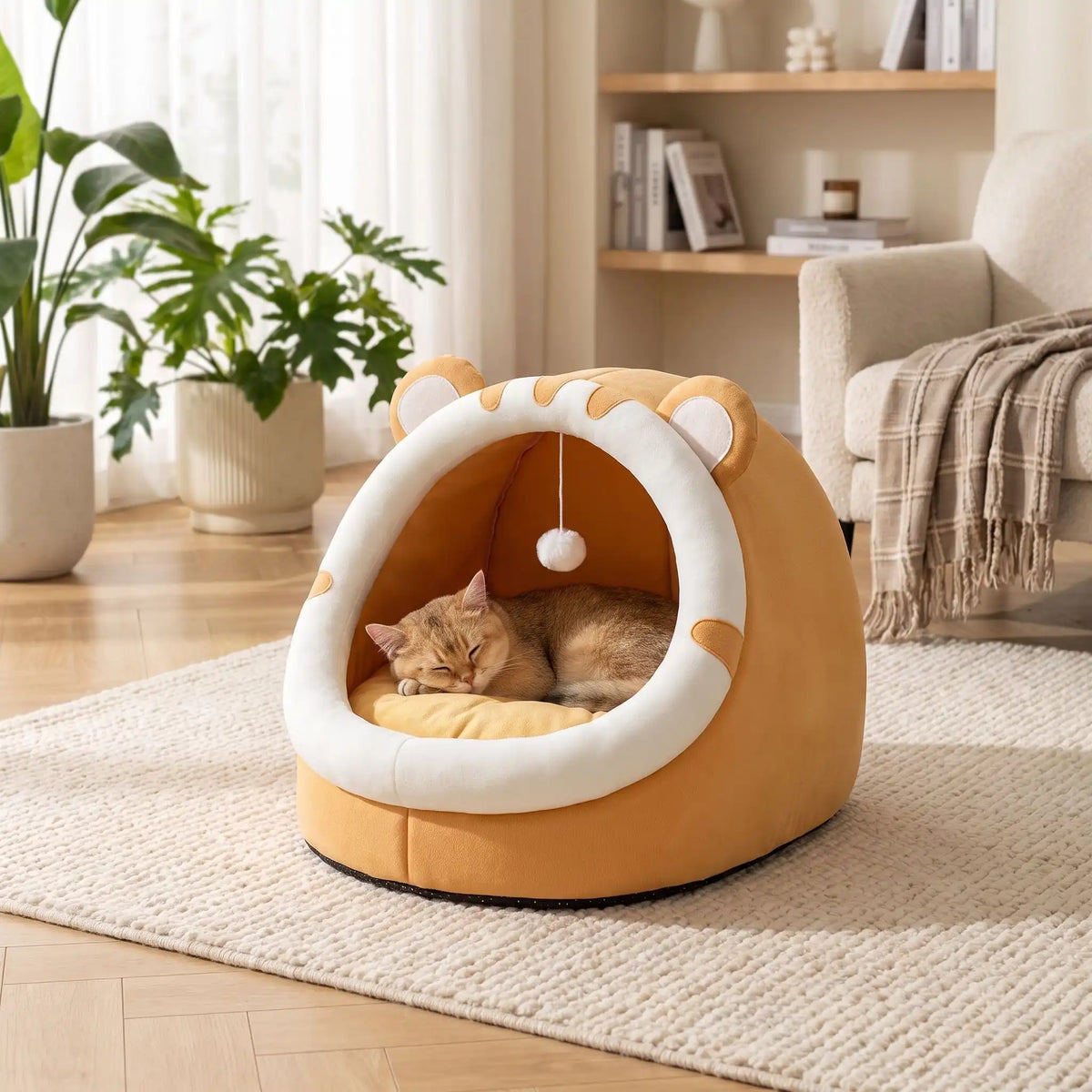chat roux dans la niche pour chat