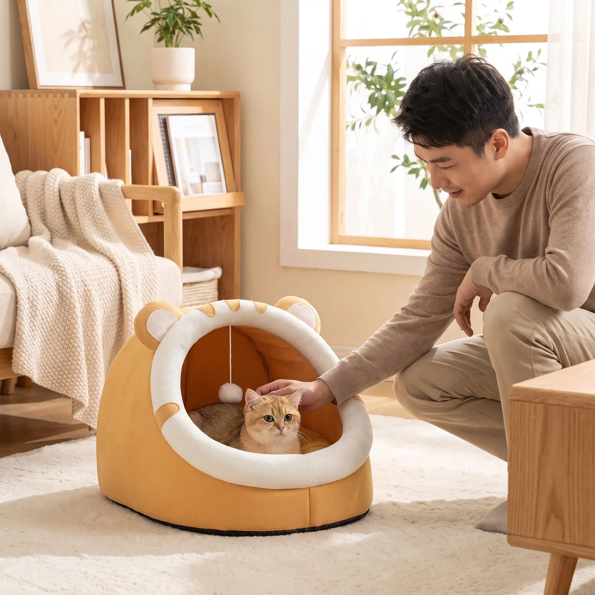 papa caresse chat dans sa niche pour chat