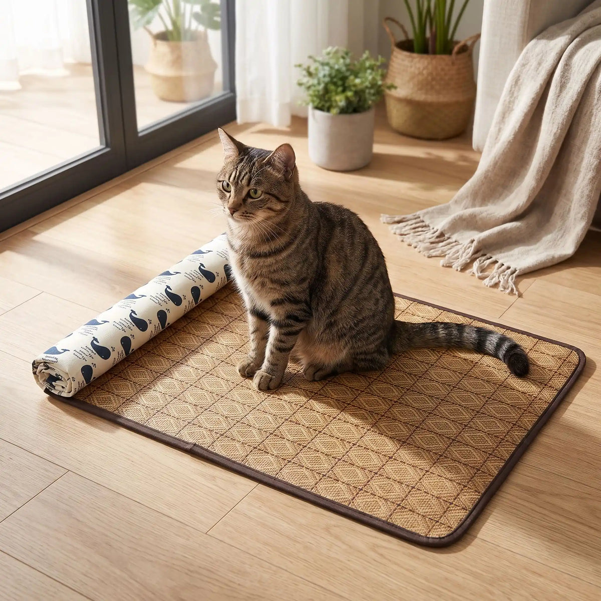 chat assis sur son tapis rafraichissant