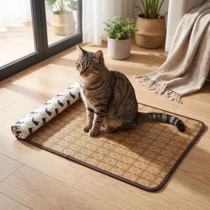 chat assis sur son tapis rafraichissant