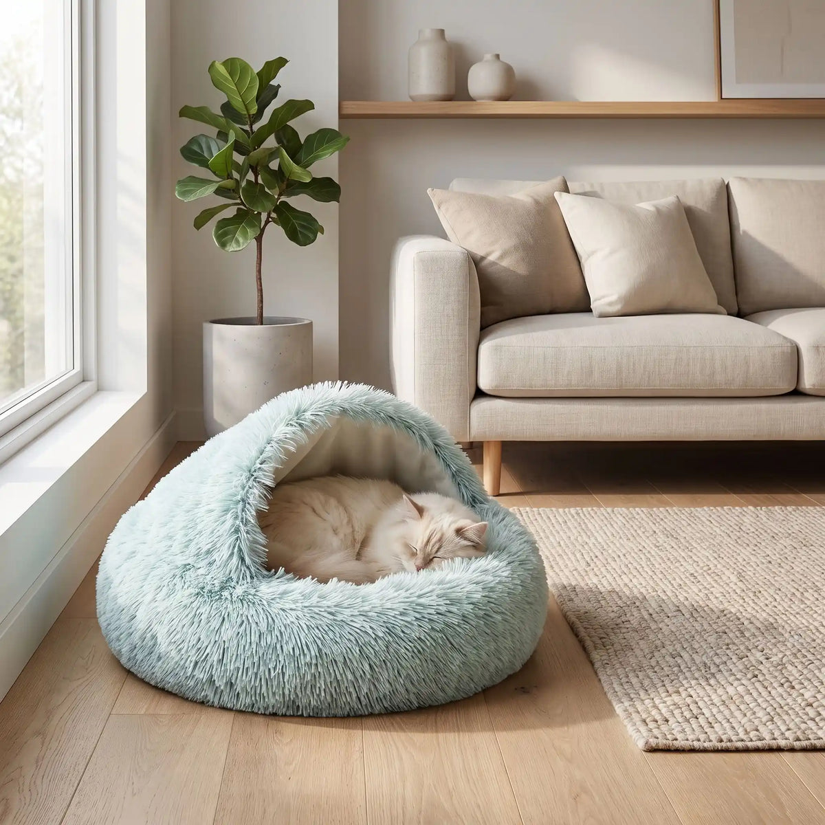 chat blanc qui dort dans son lit vert