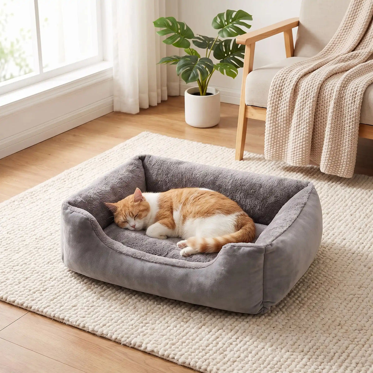 chat dort confortablement dans panier gris