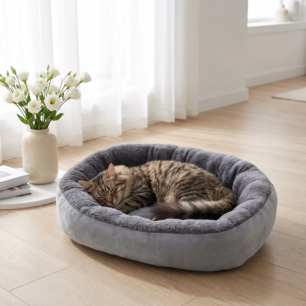 chat dort confortablement dans son panier chat gris