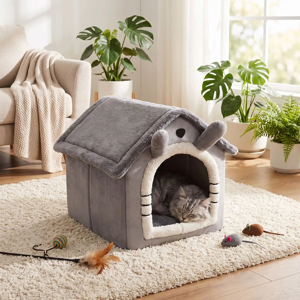 chat gris dort confortablement dans sa niche pour chat
