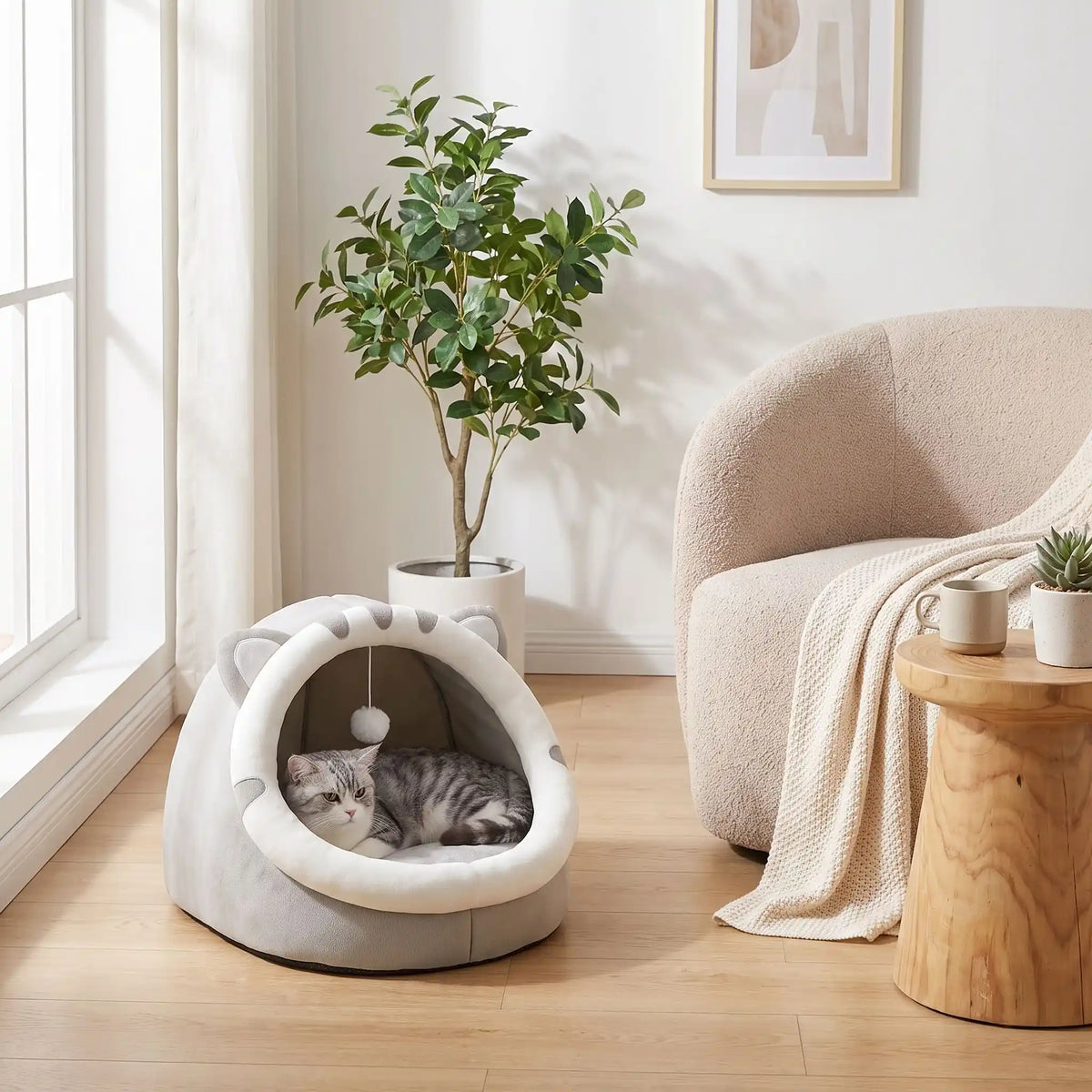 chat gris paisiblement installé dans sa niche pour chat