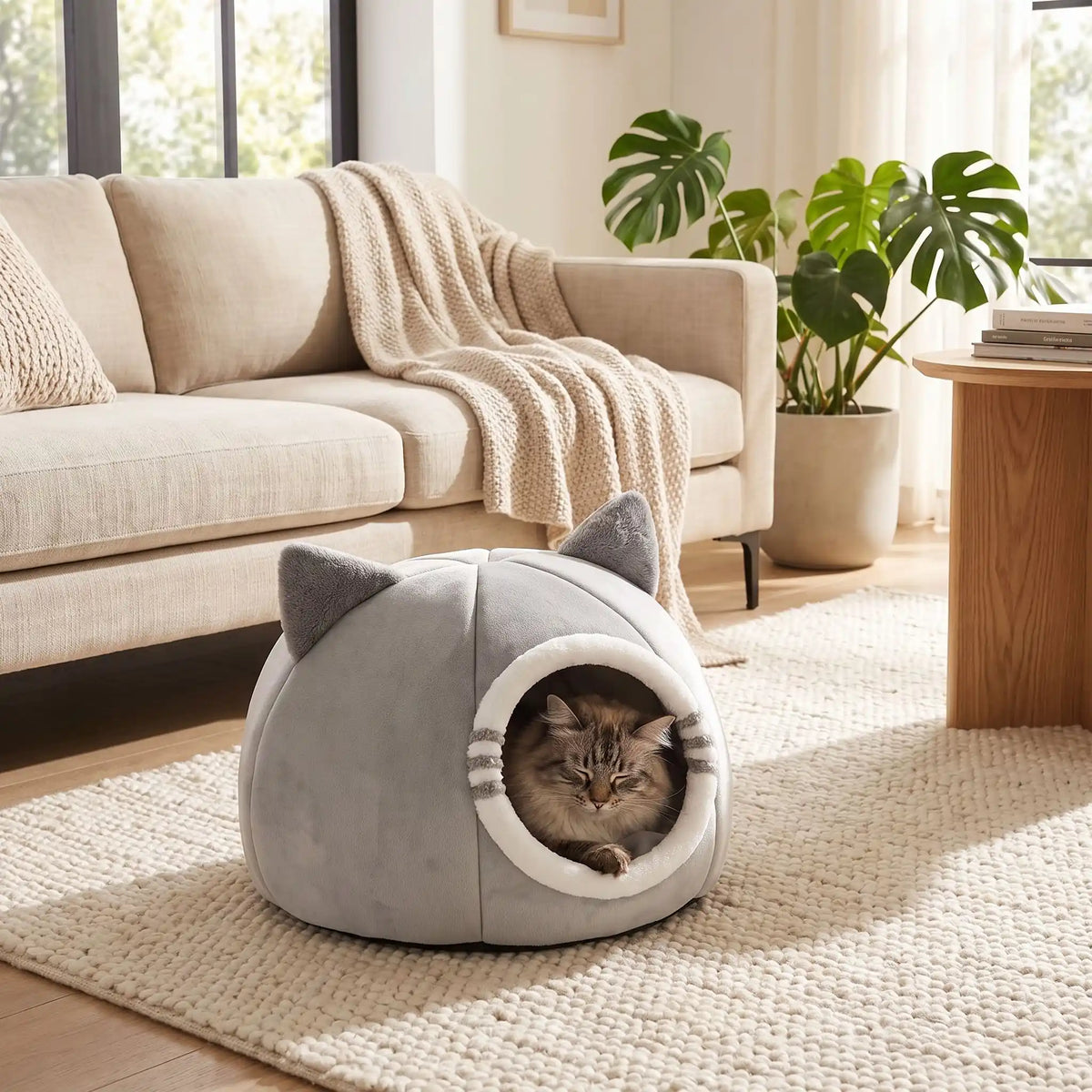 chat gris se repose devant sa niche pour chat