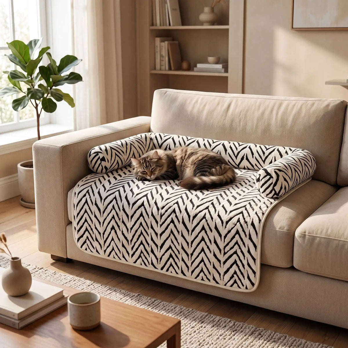 chat marron dort sur la protection de canapé