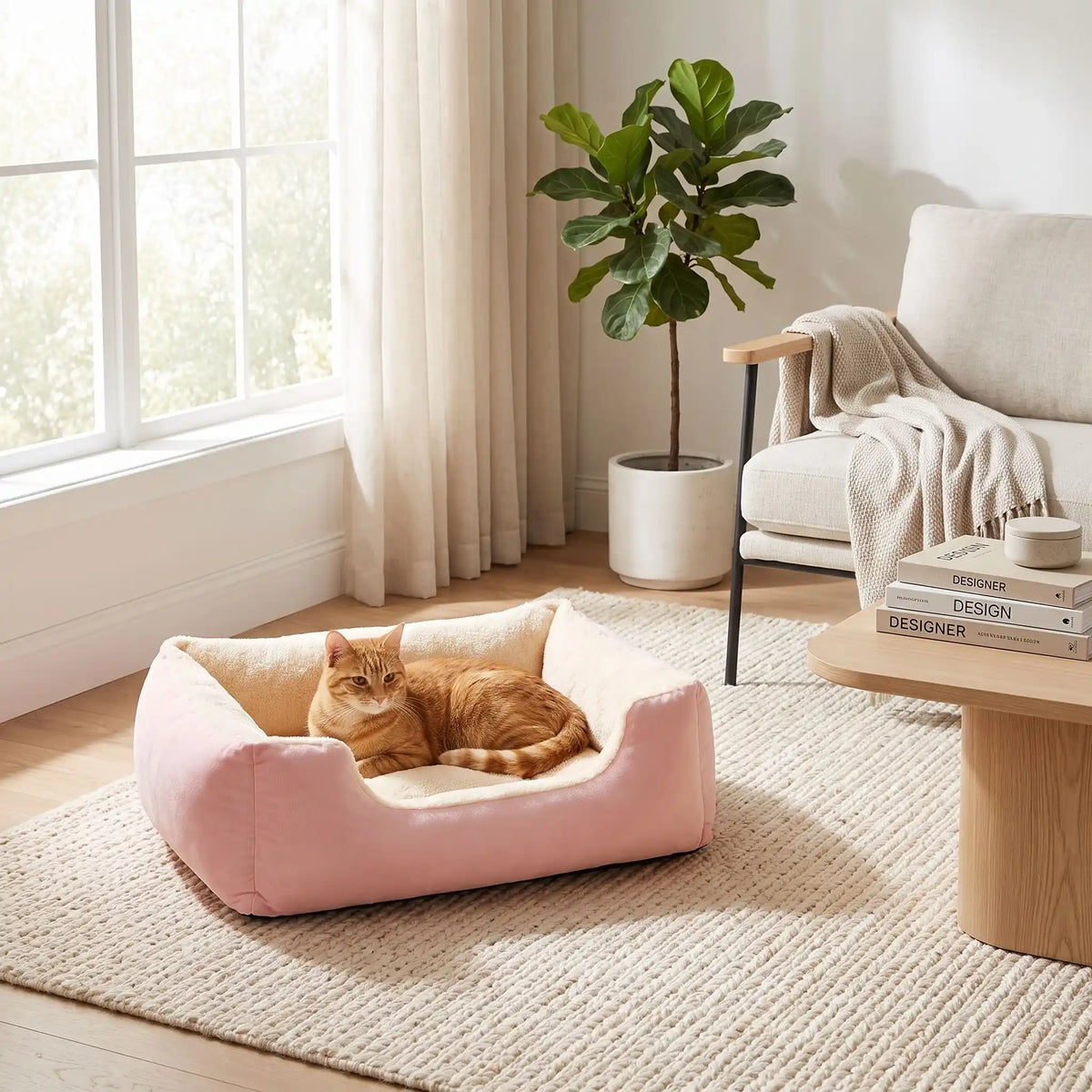 chat roux allonge dans panier rose