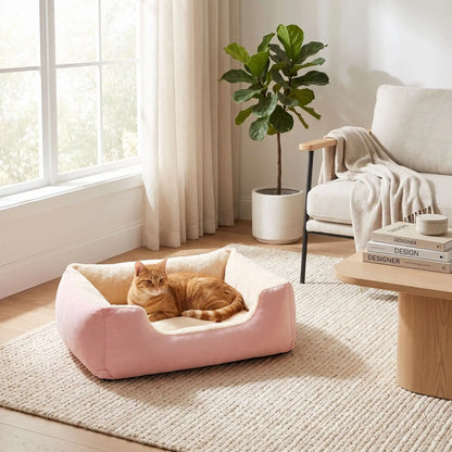 chat roux allonge dans panier rose