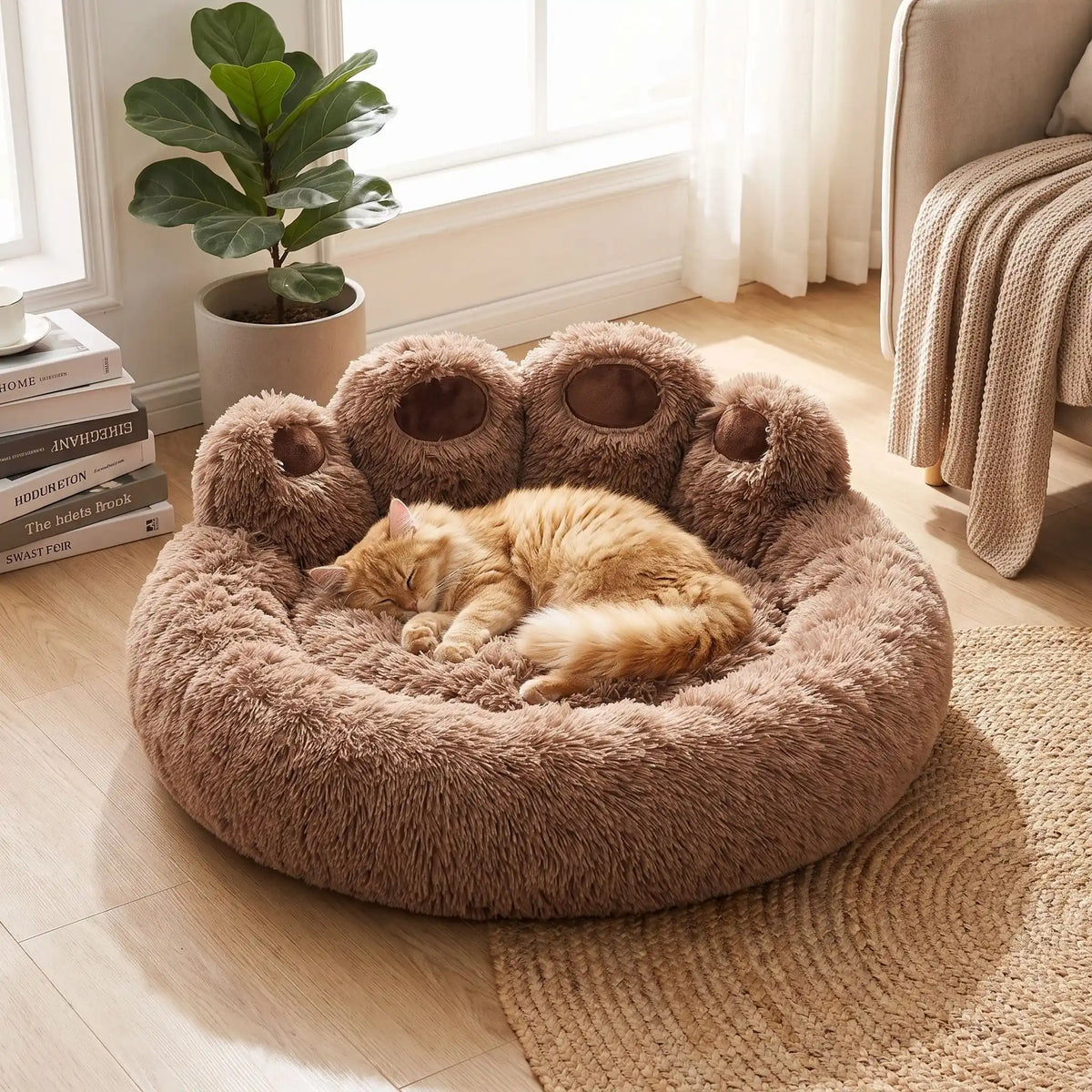 chat roux dort dans son coussin marron