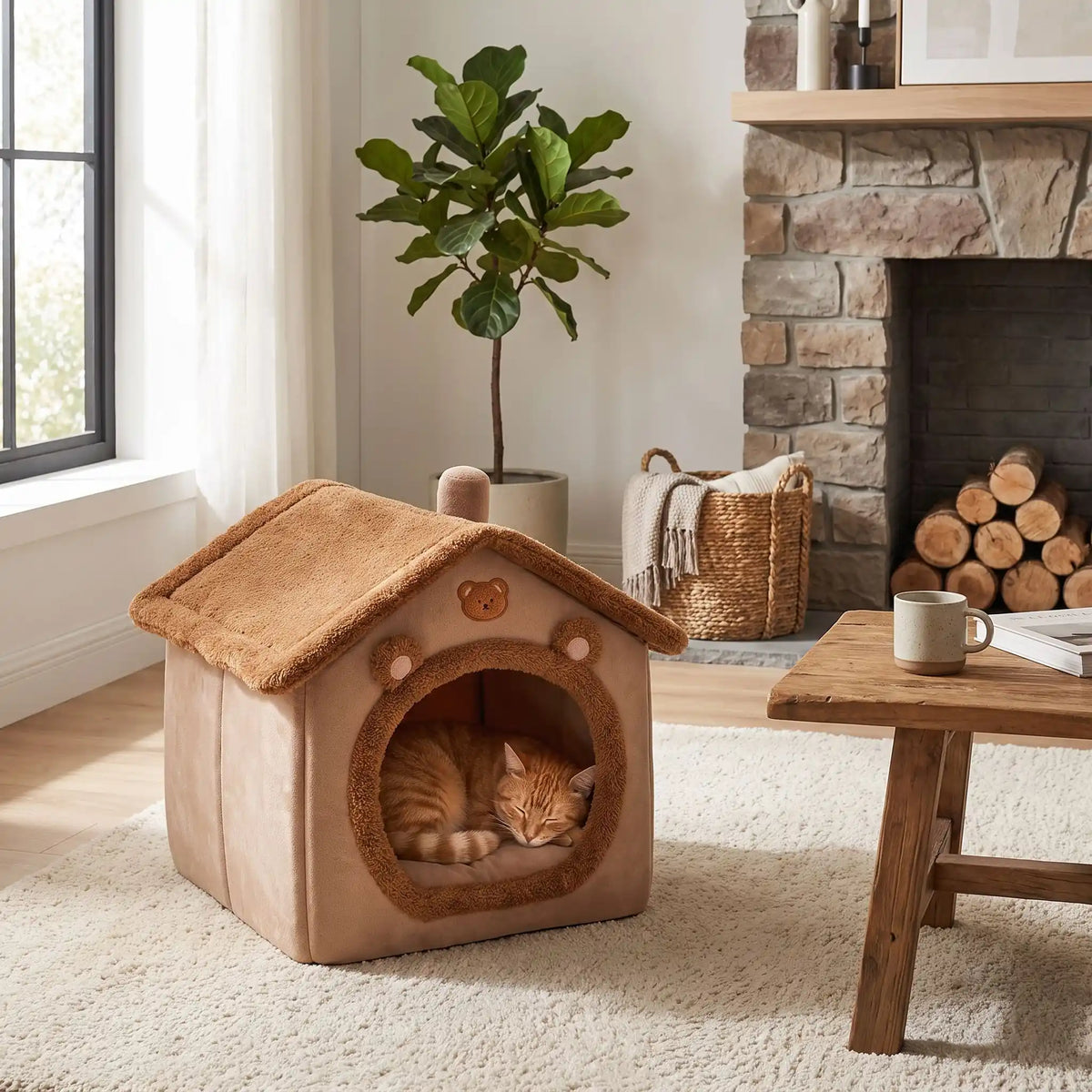 chat se repose dans niche pour chat marron