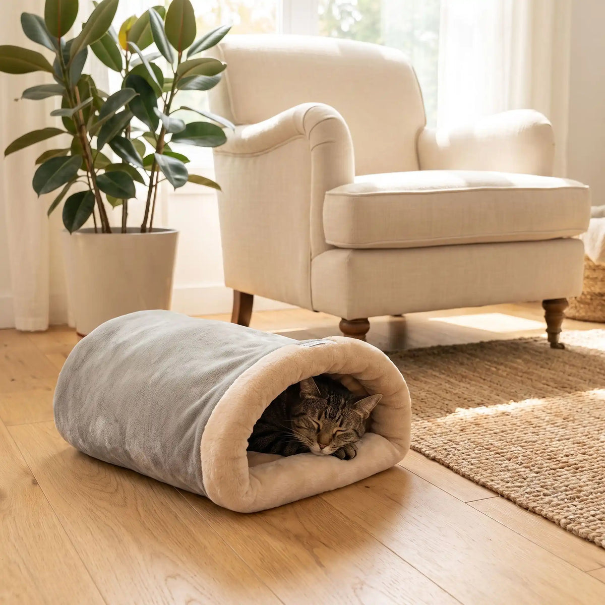 chat se repose dans son lit pour chat gris