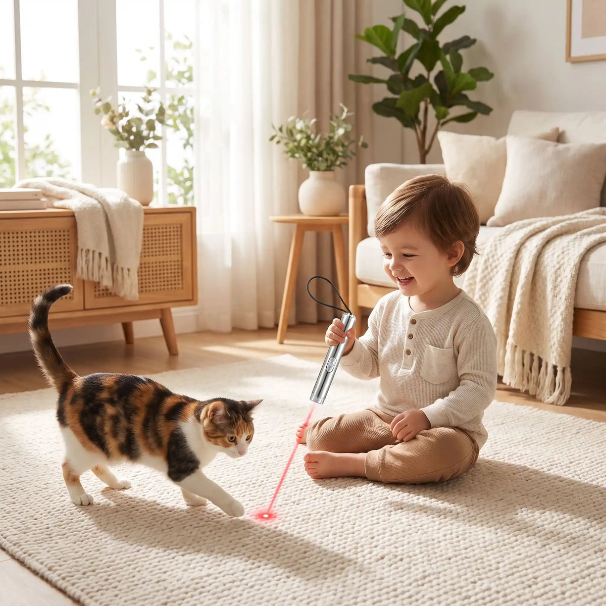 l'enfant utilise le laser pour jouer avec le chat
