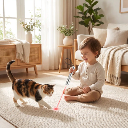 l'enfant utilise le laser pour jouer avec le chat
