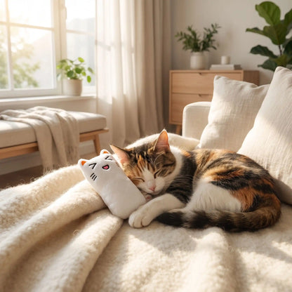 le chat dort avec le doudou