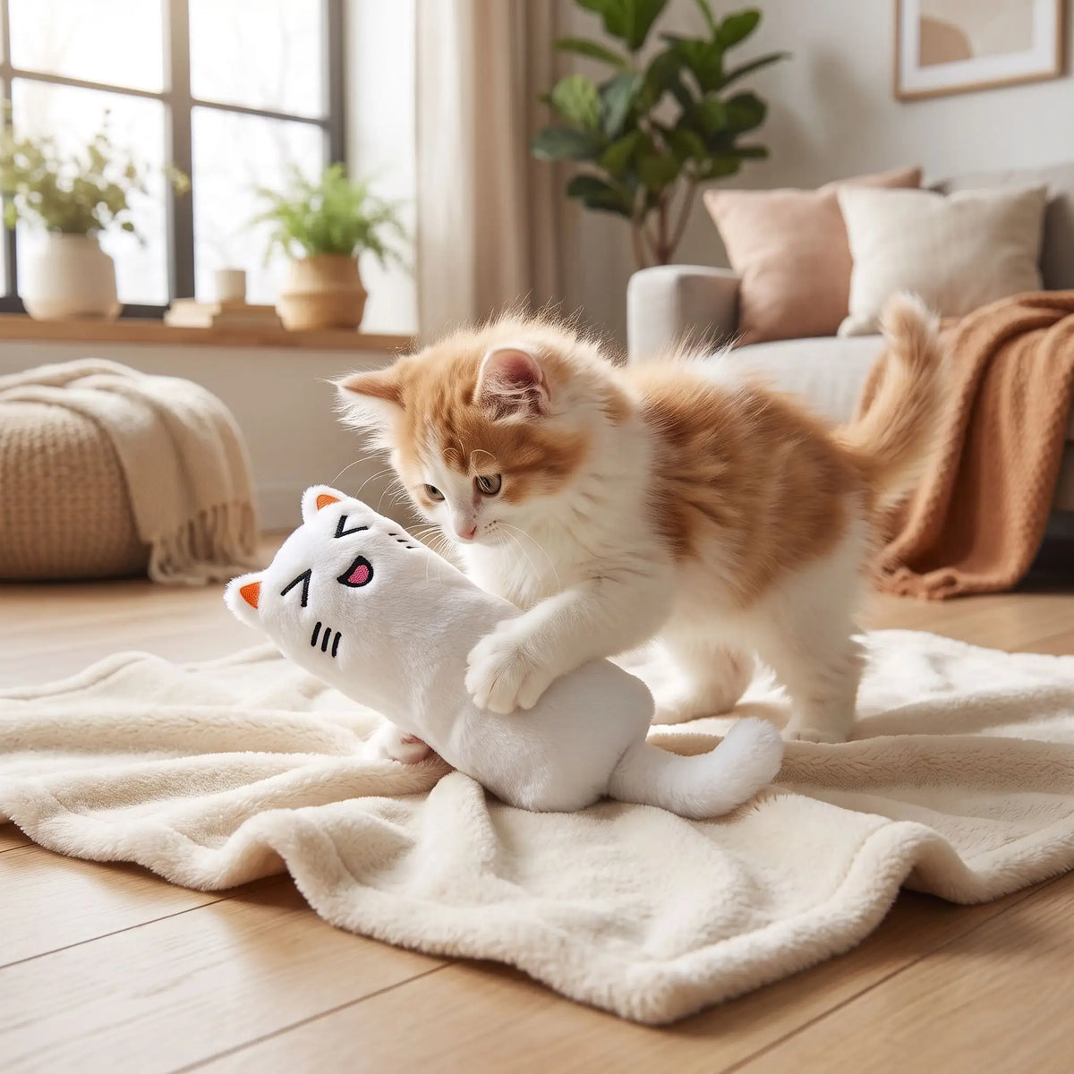 le chat joue avec le doudou