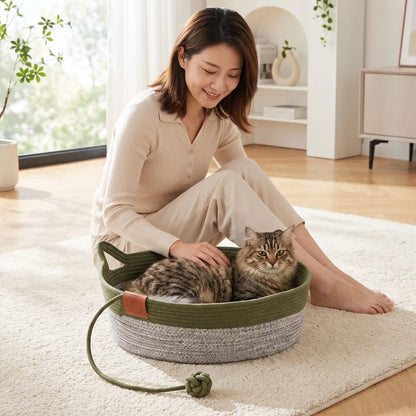 maman avec chat dans le panier vert
