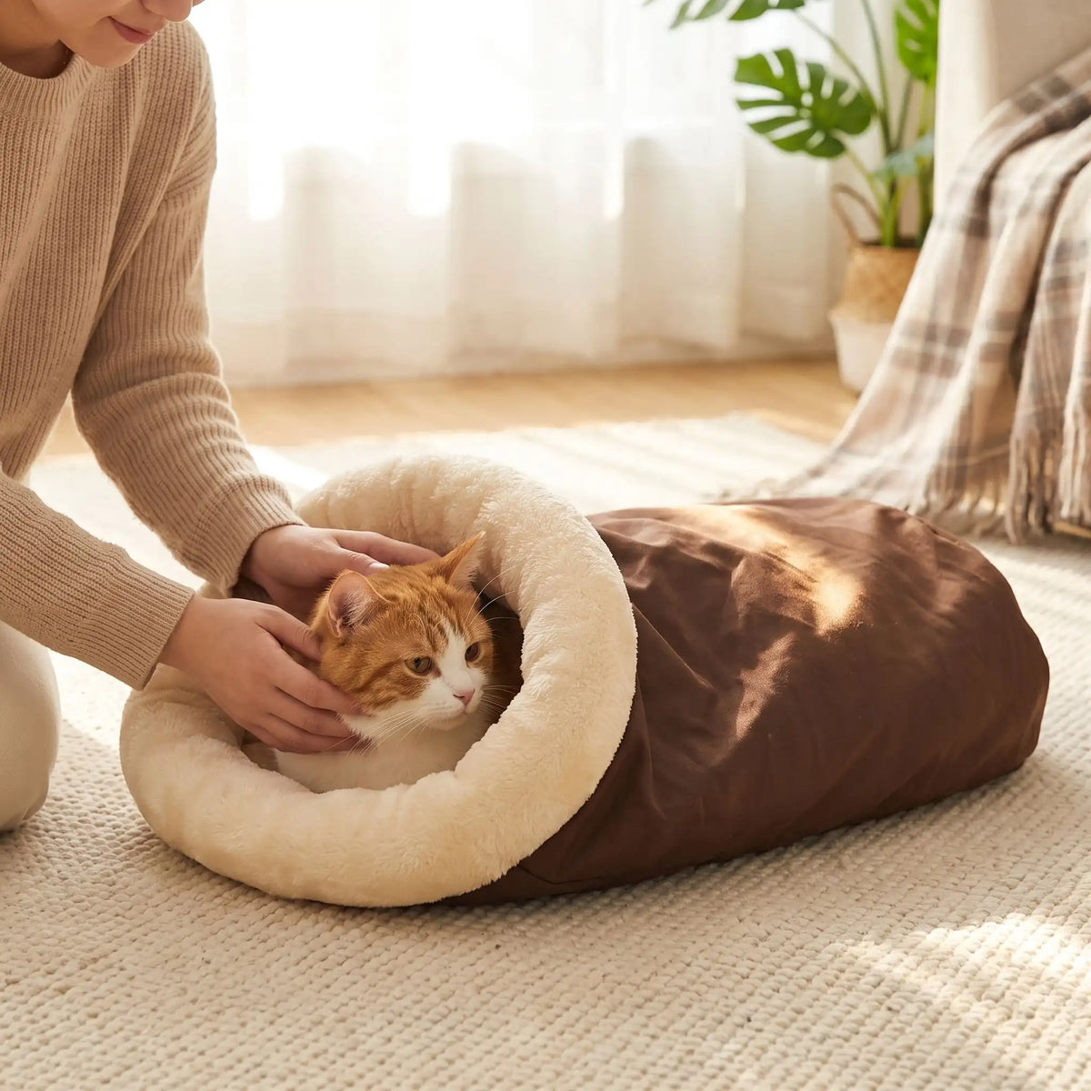 maman caresse chat dans son lit pour chat