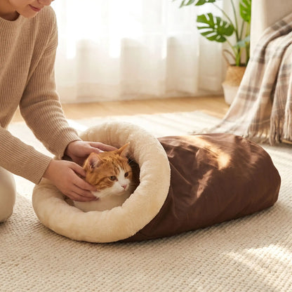 maman caresse chat dans son lit pour chat