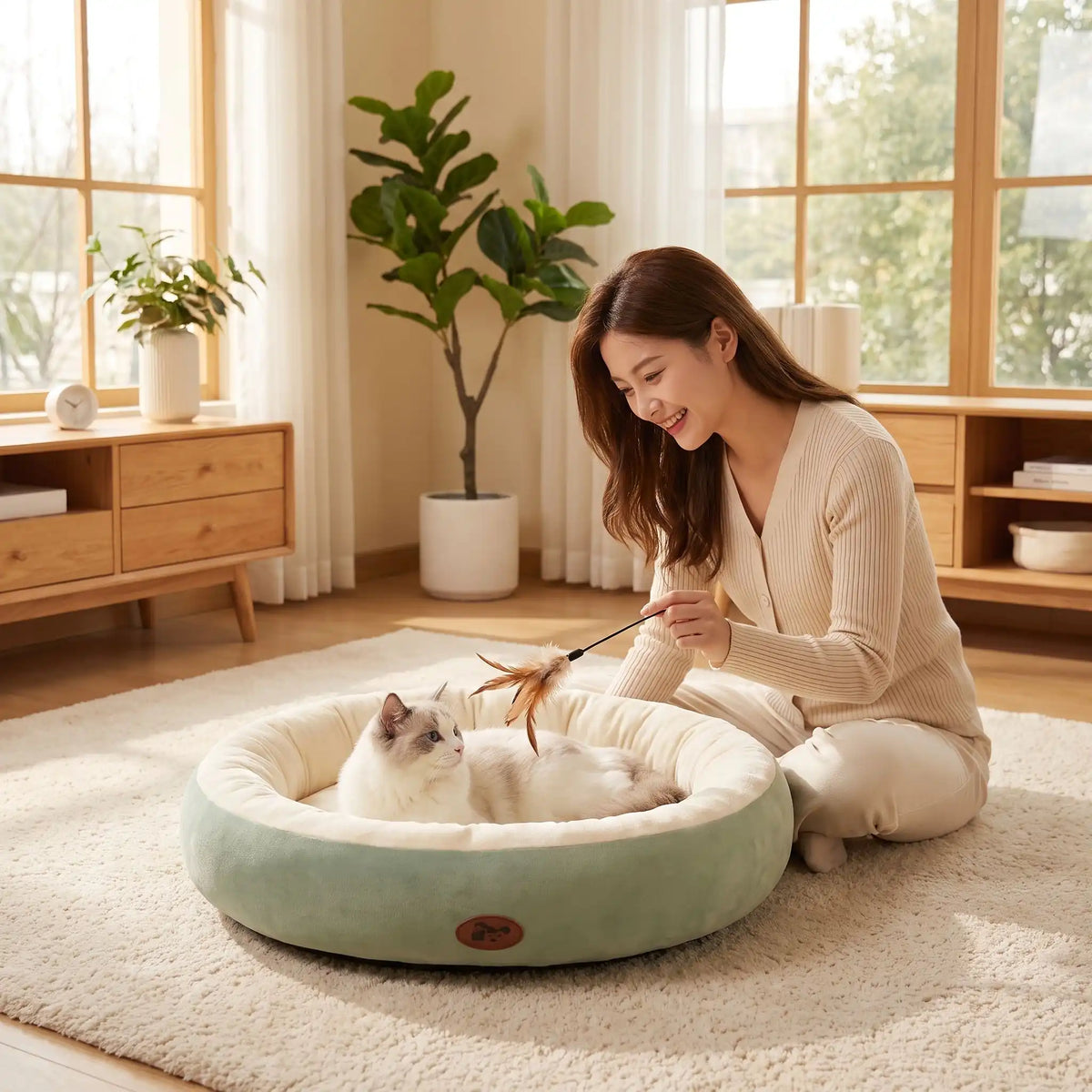 maman caresse chat qui est dans panier chat