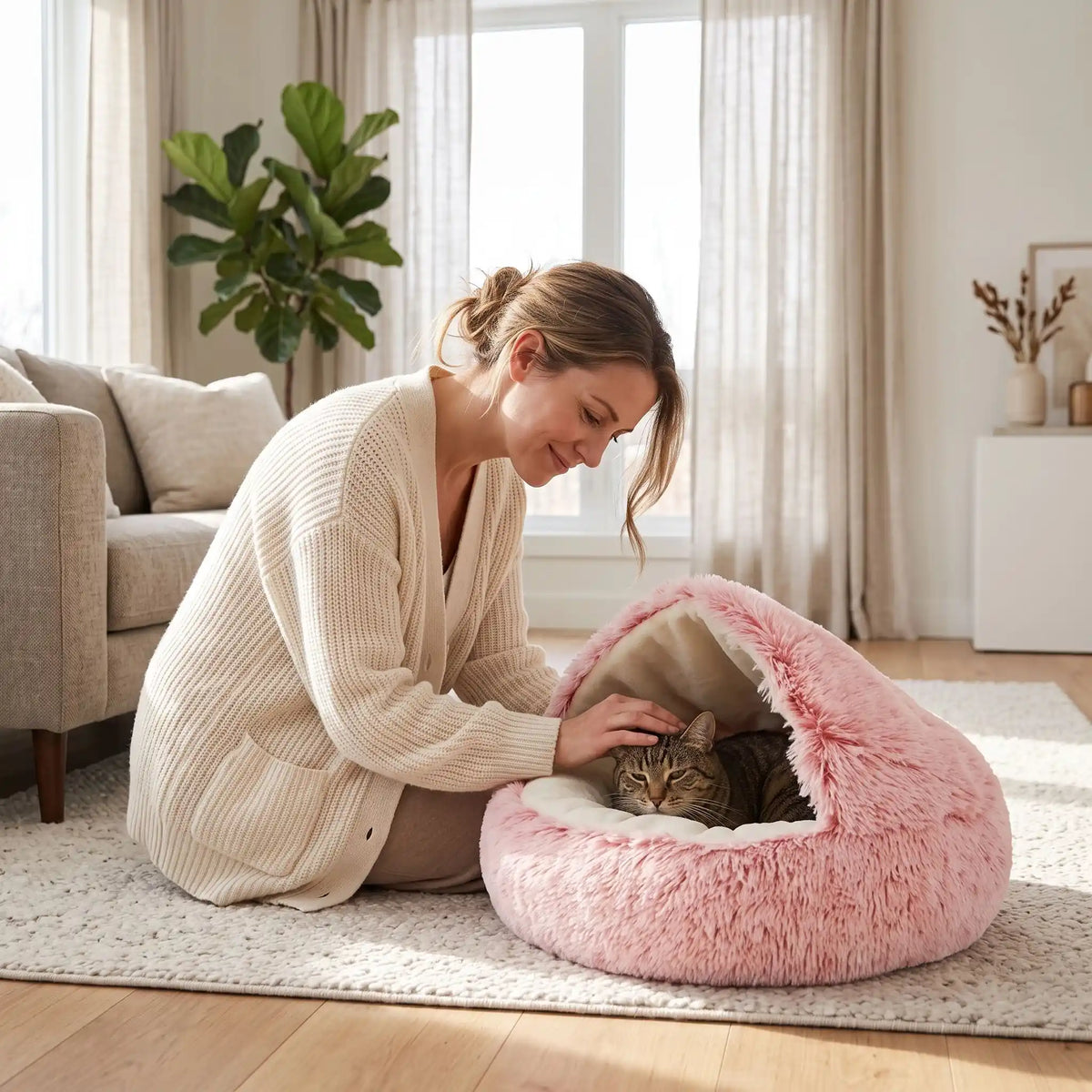 maman entrain de caresser son chat