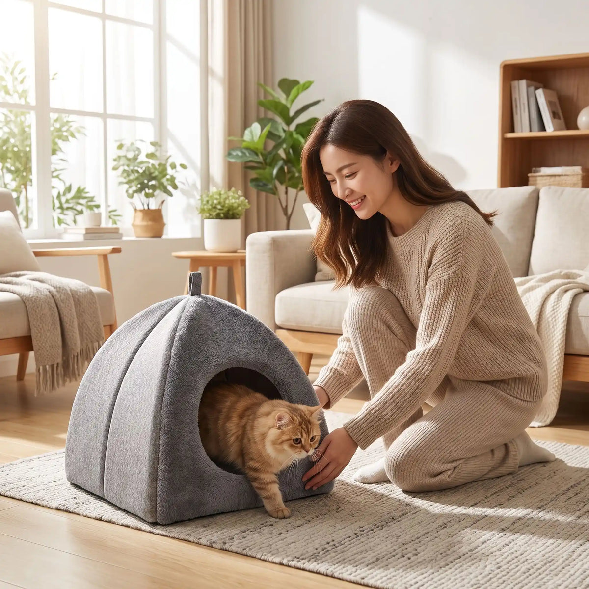 maman installe la niche pour chat